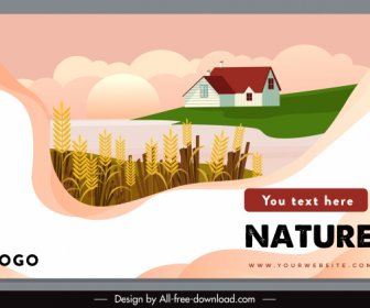Agriculture Banner Template Bright Colorful Wheat House Sketch
