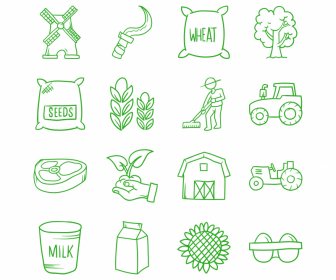 Agricultura Doodle ícone Define Plano Clássico Desenhado à Mão Símbolos Esboço