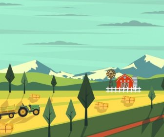 Agriculture Farm Drawing Machine Warehouse Icons Colored Cartoon