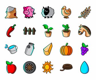 Agriculture Icon Sets Handdrawn Colorful Classical Symbols Sketch