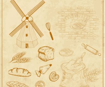 Landwirtschaft-Produkte Mehl Brot Symbole Klassische Hintergrunddesign