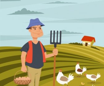 农业劳动的农民家禽图标彩色卡通画