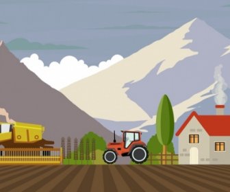 Trabajo Dibujo De Maquinas De Agricultura Montaña Campo Iconos