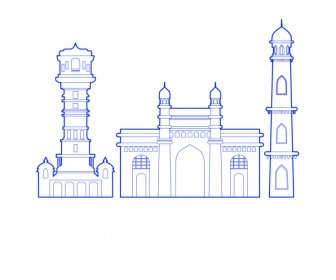 Ahmedabad India Buildings Architecture Template Blue White Flat Outline