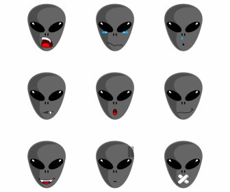 Emotikon Alien Mengatur Sketsa Kartun Wajah Lucu Datar
