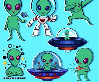 Alien Icons Funny Cartoon Characters Sketch