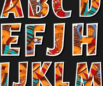 Alfabeto Letras ícones Planos Clássicos Coloridos Instrumentos Decoração