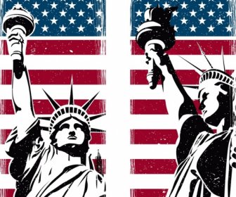 미국 배경 플래그 자유 동상 아이콘 복고풍 디자인
