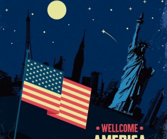 America Banner Bandiera Liberty Statua Panorama Notturno Icone