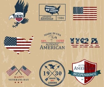 America Design Elements Flag Eagle Shield Texts Icons