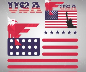 Elementos De Diseño De Texto De Estados Unidos Bandera Eagle Estrellas Iconos