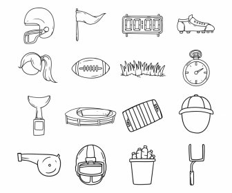 Ícone De Doodle De Futebol Americano Define Contorno Plano Preto Branco Desenhado à Mão