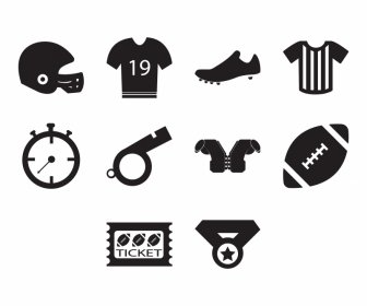 American Football Icon Sets Flat Black White Objects Sketch