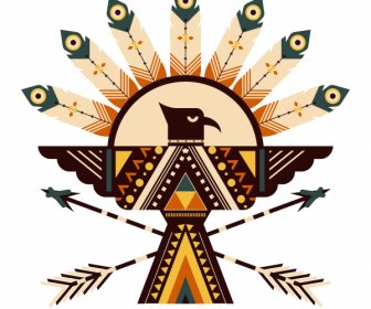 American Indian Symbol Icon Symmetric Eagle Feather Arrows