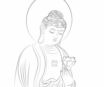 Amitabha Bouddha Illustration Icône Noir Blanc Dessiné À La Main Dessin Animé Personnage Contour