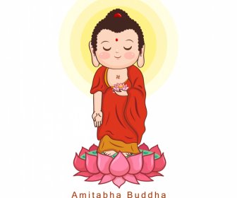 Amitabha Buda İllüstrasyon Simgesi Lotus Dekor Karikatür Eskiz
