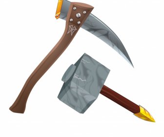 Ancient Ax Hammer Weapon Icons 3d Modern Sketch