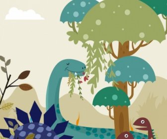 Ancient Background Dinosaur Icons Multicolored Cartoon Design
