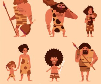 Ancient Caveman Icons Colored Classic Cartoon Characters