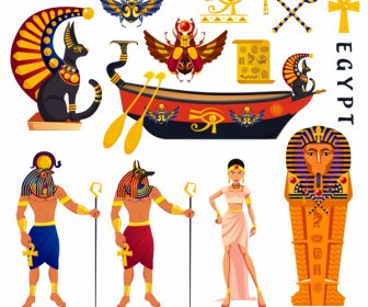 Antichi Elementi Di Design Egitto Colorati Emblemi Personaggi Schizzo