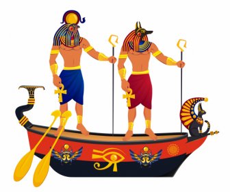 Mesir Kuno Penjaga Kapal Ikon Sketsa Klasik Warna-warni