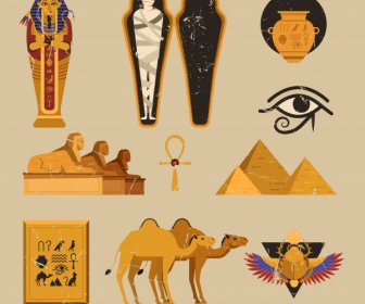Kuno Mesir Ikon Simbol Retro Berwarna Sketsa