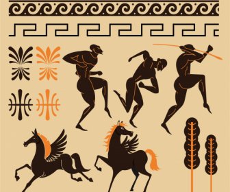 Antike Griechische Dekor Elemente Flache Dunkle Klassische Skizze