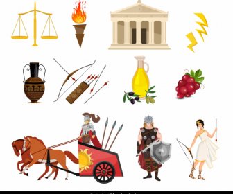 Skizzieren Sie Antiken Griechischen Design Elemente Farbige Symbole