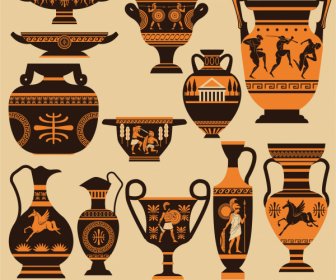 Elemen Desain Yunani Kuno Sketsa Tembikar Retro