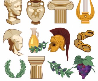Antike Griechische Symbole Objekte Werkzeuge Pflanzen Skizze