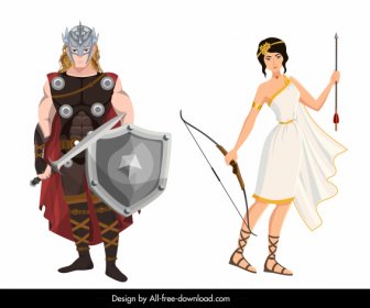 Orang-orang Yunani Kuno Ikon Berwarna Karakter Kartun
