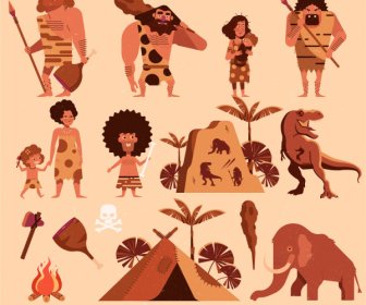 elemen desain zaman batu kuno sketsa dinosaurus manusia gua