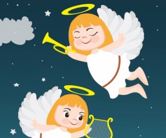 Angel Background Cute Girl Icons Colored Cartoon