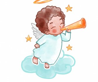 Angel Icon Horn Blowing Sketch Cute Cartoon Character