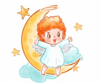 ícone Anjo Estrelas Lua Nuvem Esboço Personagem De Desenho Animado Bonito
