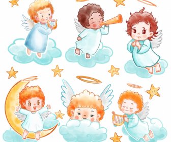 Iconos ángel Lindo Boceto Dibujos Animados Dibujado A Mano Clásico