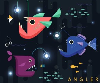 рыболов рыбы фоне цветной мультфильм геометрический дизайн