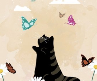 Animal Background Black Cat Butterflies Icons Decor