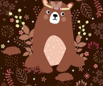 Animal Background Brown Bear Icon Leaves Decoration