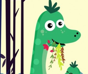 動物背景的綠色恐龍卡通圖標