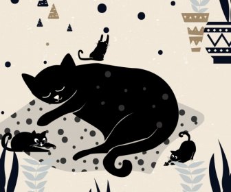 Gatos Animal Alegre Diseño Icono Fondo Oscuro