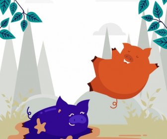 Animal Background Joyful Pigs Icon Colored Cartoon Design