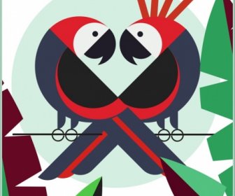동물 배경 앵무새 커플 잎 아이콘 평면 디자인