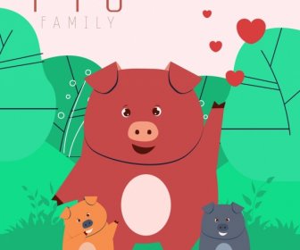 동물 배경 돼지 가족 아이콘 만화 캐릭터