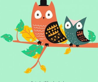 Animal Background Stylized Owl Icons Colored Cartoon Design