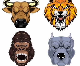 Animal Head Icons Buffalo Lion Gorilla Bulldog Sketch