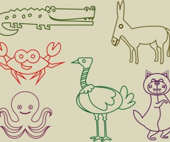 Animal Icons Outline Colored Flat Hand Drawn Style