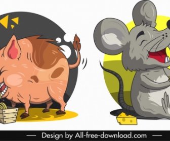 Tier Ikonen Schwein Maus Skizze Lustige Cartoon-Figuren