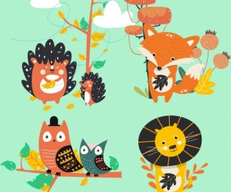 Animal Icons Stylized Porcupine Fox Owl Lion Characters