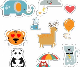 Animal Stickers Collection Various Colored Flat Icons Isolation
